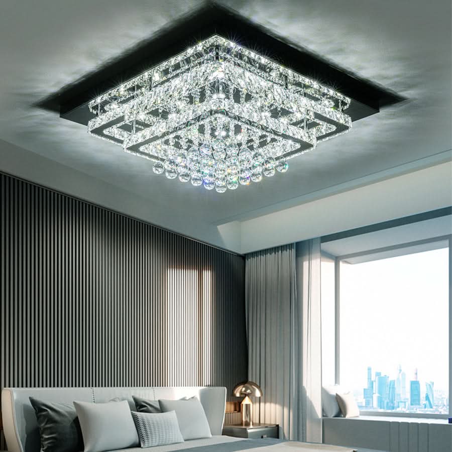 60cm W Double Layer LED Ceiling Light Fixture Crystal Drops