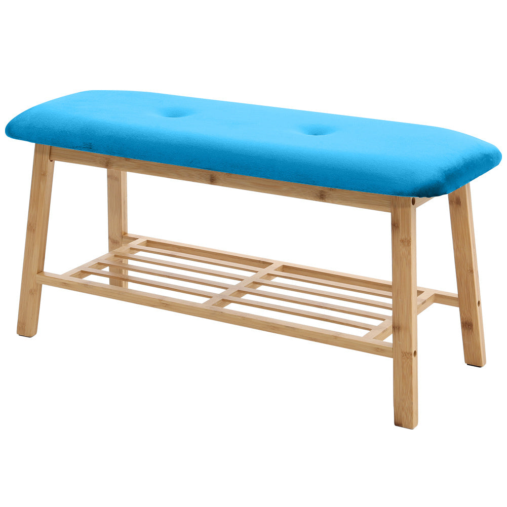 Shoe Bench Bamboo 2 Tier with Shoe Storage Rack Bench Living and Home Blue Velvet 