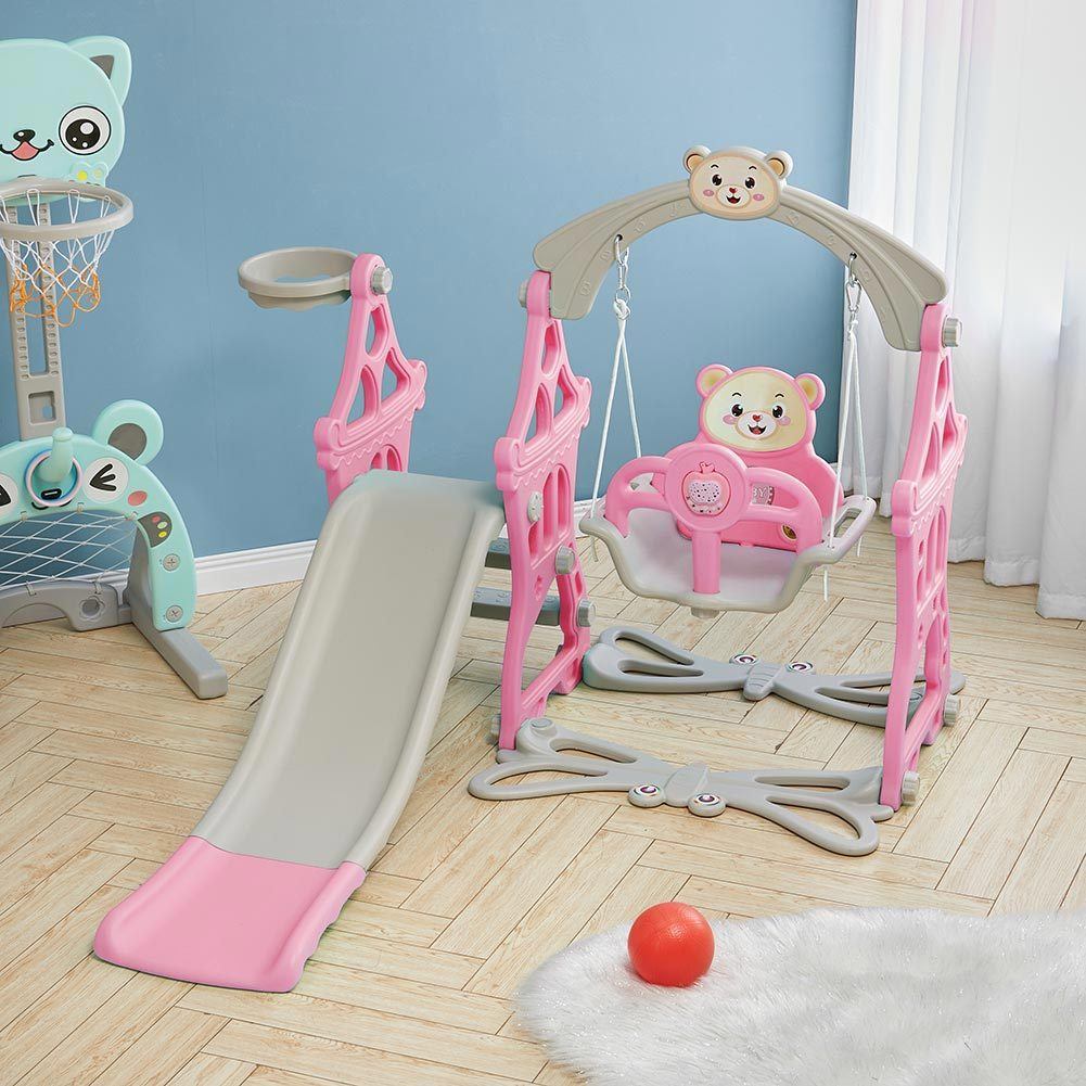 In Fun Cyan/Pink Kids Toddler Swing and Slide Set Indoor and